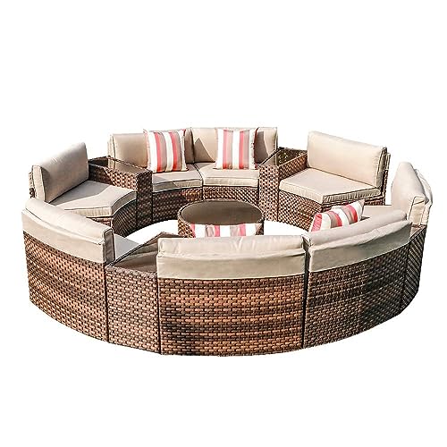 SUNSITT Outdoor Patio Furniture Set 13-Piece Round Sectional Sofa Curved Wicker Sofa with 4 Side Table and Pillows, Brown Rattan & Beige Cushion SUNSITT