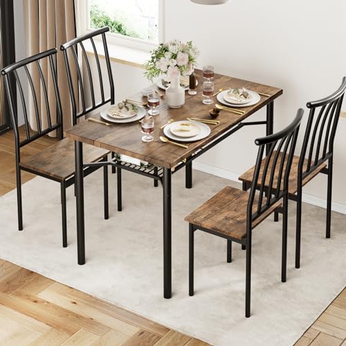 SLEKVERSA Rustic Wooden Dining Table Set for 4, 4-Piece Farmhouse Kitchen Table with 1.18" Thickened Tabletop, Chairs & Adjustable Legs, Space-Saving Dining Furniture for Apartment & Small Spaces, Ret SLEKVERSA