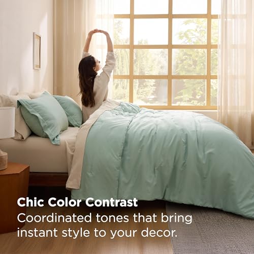 Bedsure Queen Comforter Set - 7 Pieces Sage Green Queen Bedding Set for All Seasons, Boho Contrasting Design Bed in a Bag with Comforter, Sheets, Pillowcases & Shams Bedsure