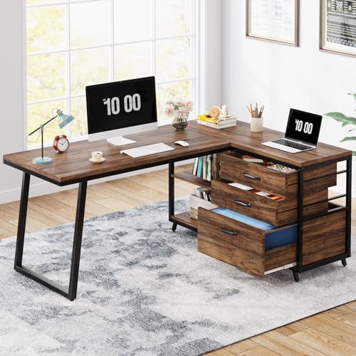 LITTLE TREE Reversible 53-inch L Shaped Desk with 3 Drawer, Farmhouse Corner Desk Gaming Table with Shelves and File Cabinet for Letter Size & Legal Size File for Home Office and Small Space LITTLE TREE