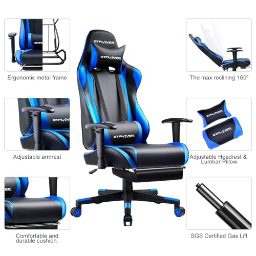 GTPLAYER Gaming Chair with Footrest, Ergonomic Computer Game Desk Chair, Reclining Game Chair Seat Height Adjustment, Swivel Rocker with Headrest and Lumbar (Blue) GTPLAYER
