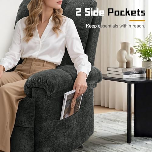 Korser Recliner Chair, Living Room Recliner Chairs for Adults, Small Recliners for Small Spaces, Upholstered Manual Recliner with Side Pockets, Modern Nursery Chair for Living Room, Chenille, Black
