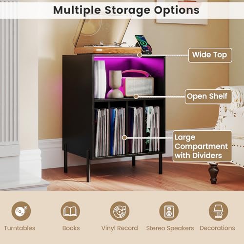 Giantex Record Player Stand with LED Lights & Charging Station, Turntable Stand with Record Holder, Record Player Table with Metal Legs, Vinyl Record Storage for Living Room, Music Room, Black Giantex