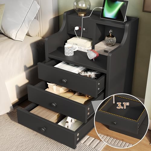 Tiptiper Black Nightstand with Charging Station 3 Drawers, Wood Sofa End Side Table with USB Ports and Outlet, Bedside Table Bedroom Nightstand with Sliding Drawer & Hutch Tiptiper