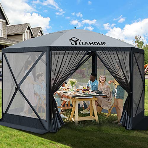 YITAHOME 12x12ft Camping Gazebo, Portable Pop Up Canopy Outdoor Screen Tent 6 Sided with Mesh Windows and Carry Bag for Camping, Picnic, Backyard Party Outside Activities, Gray YITAHOME