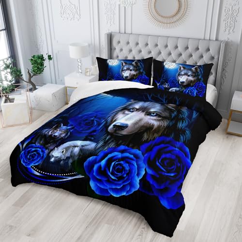 Tuzaovy Wolf Bedding Set King Size,Blue Rose King Size Comforter Set,King Size Wolf Comforter Bed Set,King Quilt Bedding Set Rose,Wolf Bedding Set King Size Animal Print Comforter Set Tuzaovy
