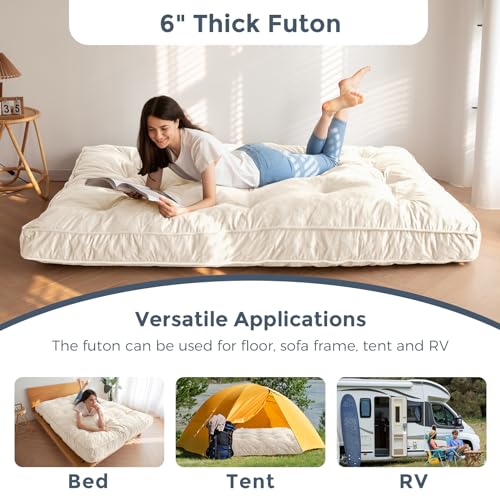 MAXYOYO 6" Futon Mattress Queen Size, Velvet Thick Futons Sofa Couch Bed, Floor Mattress for Adults, Shredded Foam Filling (Frame Not Included), Beige, 60x80 Inch MAXYOYO