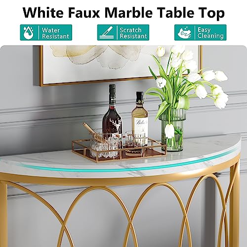 LITTLE TREE Half Moon Gold Console Table, 43 Inch Modern Faux Marble Entryway Table, Narrow Semi Circle Sofa Accent Table with Geometric Metal Frame for Living Room, Hallway LITTLE TREE