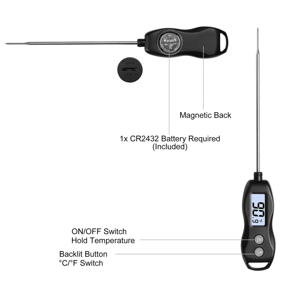 Digital Meat Thermometer Backlight,Waterproof Instant Read Food Thermometer for Cooking and Grilling for BBQ Grill Liquids Beef Turkey (Black) BRAPILOT
