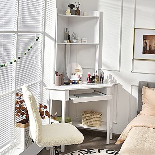 Tangkula White Corner Desk with Hutch, 90 Degrees Triangle Computer Desk with Keyboard Tray & Bookshelves for Small Space, Space Saving Writing Desk with Storage Shelves for Bedroom Apartment Tangkula