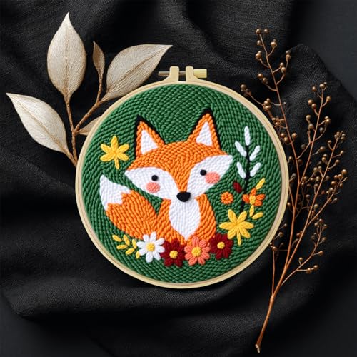 JOZYSH Punch Needle Embroidery Starter Kits for Beginners Cute Cartoon Animal Embroidery Hoops,Color Threads,Instructions and Needles,DIY Adults Embroidery (Fox)