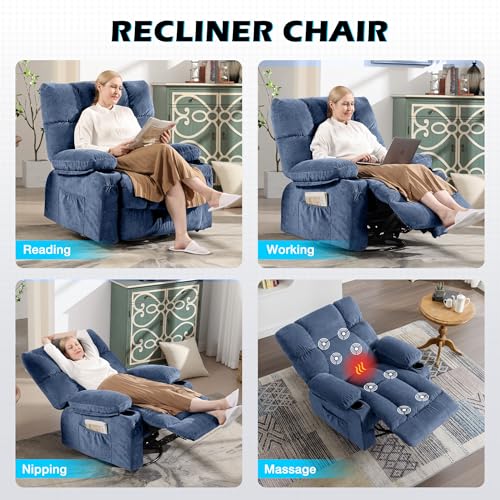 MAHOMICO Recliner Chair Oversized Swivel Rocker with Vibration Massage & Lumbar Heating, 360° Swivel, USB Charging Port, Cup Holders & Side Pocket for Living Room