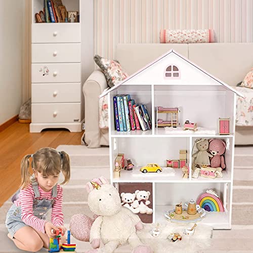 WODENY Pink Wooden Dollhouse Bookcase - 3-Tier Storage Organizer for Kids' Toys and Books WODENY