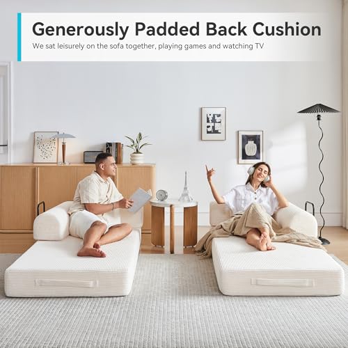 QQR Convertible Folding Mattress Couch, 5-in-1 Futon Sofa with Armrests, Sleeper Mattress Sofa Bed Comfy Fold Out Bed for Living Room, Bedroom, Lounge,Guest, Office (Beige White) QQR