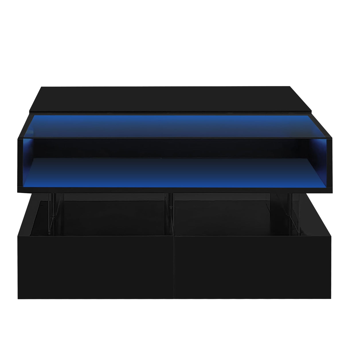 Polibi Lift-Top Coffee Table with Glass Top and High-Gloss Finish,Modern Square Coffee Table with 2 Drawers,Hidden Space and LED Lights for Living Room,Black Polibi
