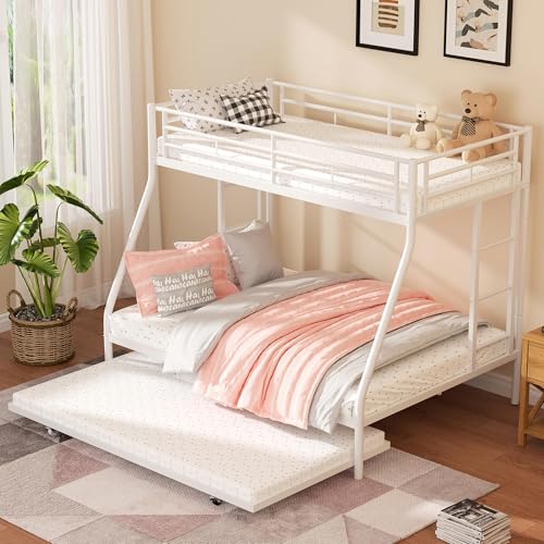 Shintenchi Twin Over Full Size Bunk Bed with Trundle, Heavy-Duty Metal Frame, 2 Ladders & Full-Length Guardrail, Space-Saving Sleep Solution for Kids/Teens/Adults, White Shintenchi