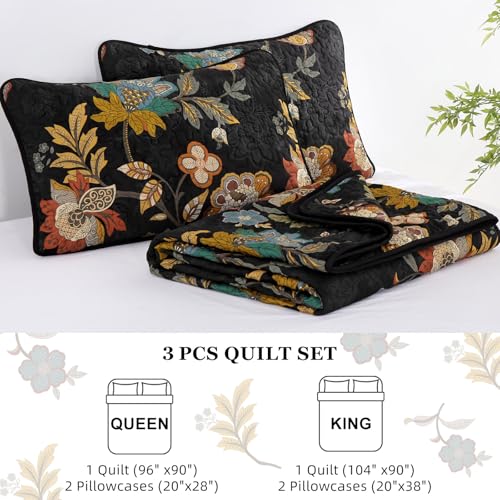 WONGS BEDDING Quilt Set Queen Size, Black Botanical Queen Bedspread Bedding Sets, 3 Pieces Floral Quilt with 2 Pillowcases,Soft Lightweight Microfiber Coverlet Set for All Season(96"X90") WONGS BEDDING
