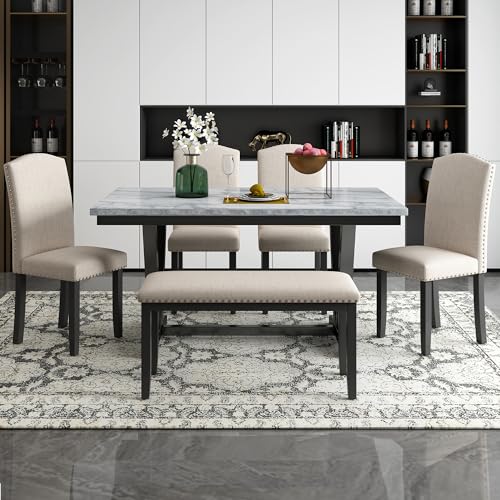 LUMISOL Faux Marble Dining Table Set with Bench and Chairs for 6 Persons Solid Wood Kitchen Dining Room Table Set, WarmWhite LUMISOL