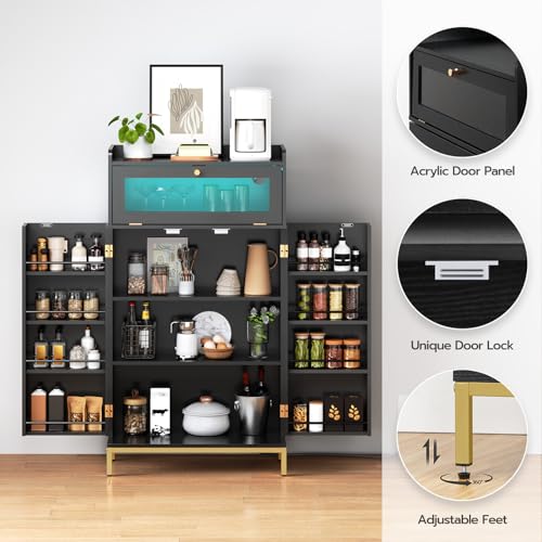 HOOBRO Pantry Cabinet with Charging Station, Kitchen Pantry Cabinet with LED Light and Storage Shelves, Kitchen Pantry with Acrylic Drawer Door for Kitchen, Dining Room, Black and Gold DB22UDPC01 HOOBRO