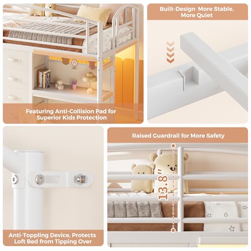 Low Loft Bed Twin Size with 7 Storage Drawers, Desk and LED Lights, Heavy Duty Metal Kids Loft Bed with 12" H Safety Guardrail, Anti-Collision Pad, Private Play Curtain, Under-Bed Play Space (White) Jocoevol