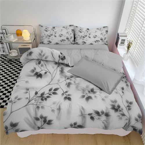 WIVCOMD Twin Duvet Cover Set - Leaves and Vines Soft Microfibre Bedding - Minimalist Ink Painting Bedding Quilt Cover Set with Pillow Cases, Black WIVCOMD
