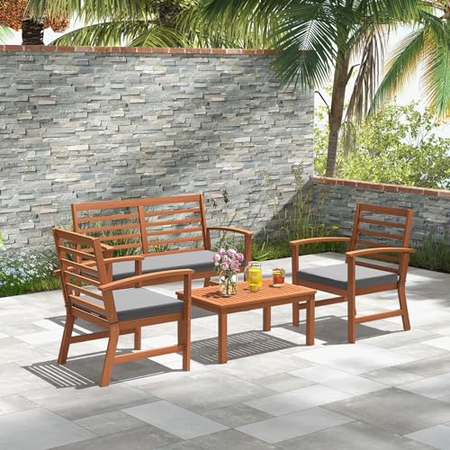 Tangkula 4 Pieces Outdoor Furniture Set, Acacia Wood Conversation Set w/Soft Seat Cushions, Stable Acacia Wood Frame, Patio Sofa & Coffee Table Set for Backyard, Porch, Poolside (Grey) Tangkula