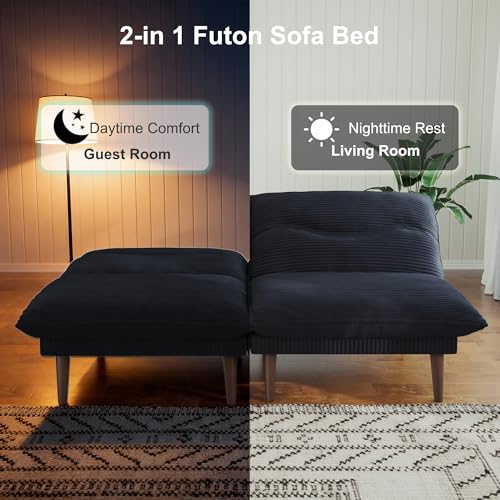 DreamDashio Futon Sofa Bed, 4 in 1 Multi-Functional Futon Couch with Adjustable Backrest, 75 inch Convertible Sleeper Sofa Bed and Recliner Lounge, Corduroy Loveseat for Living Room, Apartment, Black DreamDashio