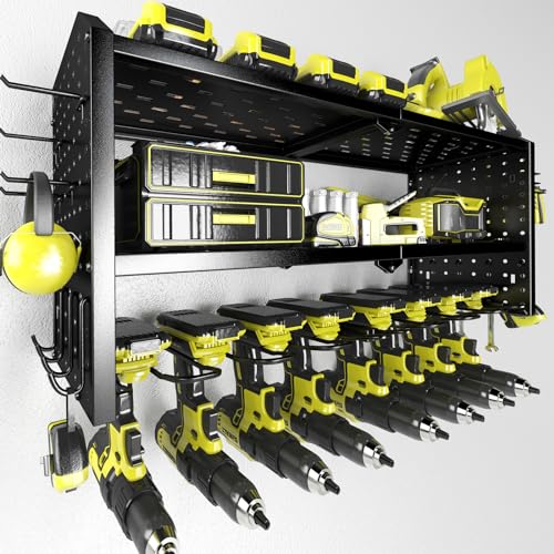 KAFAHOM Power Tool Organizer,Large 8 Drill Holder Wall Mount with 2 Side Pegboards,Metal Tool Shelf with 12 Hooks,Storage Rack for Garage KAFAHOM