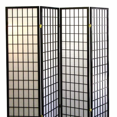 Artistic 70" Tall 4-Panel Screen - Japanese Room Divider in Black Finish with Premium Natural Wood | Transform Your Space! Zjjseloru