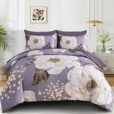 Luxudecor Floral King Comforter Set 7 Pieces Bed in a Bag, White Flower Print on Light Purple Bedding Set, Soft Reversible Comforter with Sheet Set 104"x90"