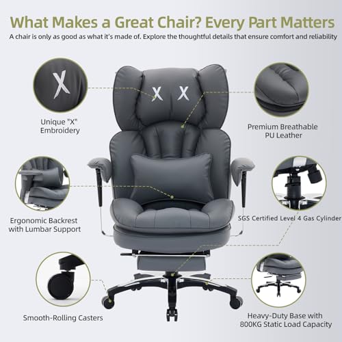 Efomao Big and Tall Office Chair with Footrest – High Back Computer Chair with Adjustable Armrests,Executive Office Chair with Wide Seat, Modern Desk Chair for Home Office, Gaming, or Study, Grey Efomao
