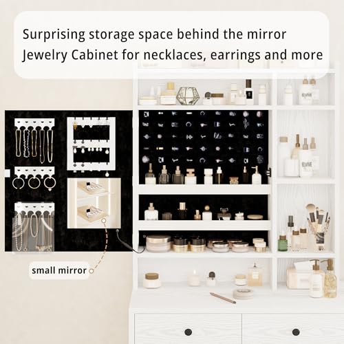 IRONCK Vanity Desk with Mirror and LED Lights, Jewelry Cabinet, Makeup Dressing Table Set with Drawers, Storage Shelves, for Bedroom, 65.3 H White IRONCK