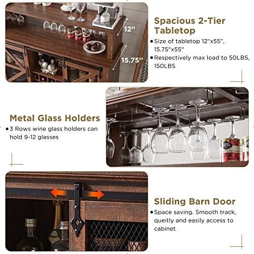 OKD Farmhouse Coffee Bar Cabinet with LED Lights, 55" Sideboard Buffet Table w/Sliding Barn Door & Wine and Glass Rack, Home Liquor Bar w/Storage Shelves for Dining Room,Reclaimed Barnwood OKD