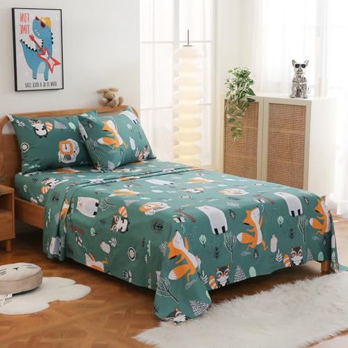 JSD Green Forest Animals Kids Sheet Set Twin Size, 3 Piece Woodland Printed Microfiber Bed Sheets Deep Pocket JSD