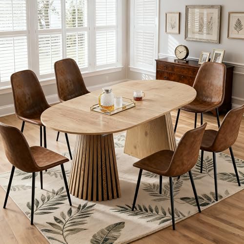 39"-71"Extendable Dining Table Set for 6, Oval Wood Dining Room Table Set with Fluted Pedestal Base & Soft Suede Chairs, Mid-Century Modern Extendable Kitchen Table Set for 6 for Home, Space-Saving Rejeke