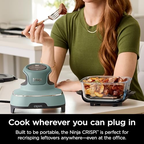 Ninja Crispi Air Fryer, Microwave, Freezer & Dishwasher Safe, Non Toxic Glass Portable Cooking System, 4 QT & 6 Cup Glass Containers with Storage Lids, Easy Meals, Air Fry, Bake, Green, FN101SG Ninja