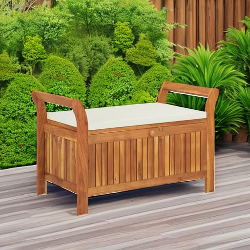vidaXL Garden Storage Bench, Solid Acacia Wood, White Cushion Included, Classic Outdoor Design, Patio & Garden Seating, 35.8" x 19.7" x 23.6", Patio & Deck Organizer, Durable Wooden Furniture vidaXL