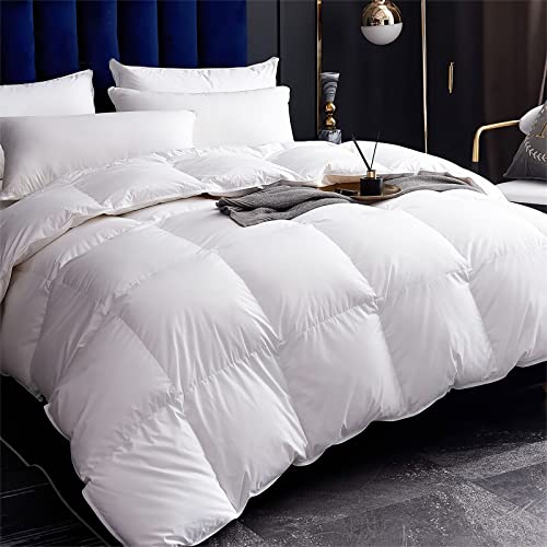 Cobnom® Organic Cotton Down Comforter Queen Size - Fluffy High Fill-Power Down & Feather Fibers Duvet Insert, All-Season Hypoallergenic Hotel-Style Bedding (Ivory White 90x90 Inch) Cobnom
