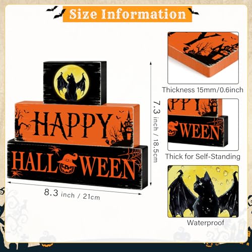 Halloween Black Cat Wooden Table Signs 3 Layered, Happy Halloween Sign Decorations, Spooky Wooden Ornaments Rustic Wooden Blocks Tabletop Decor for Home Tiered Tray Table Shelf Decor CIOEY