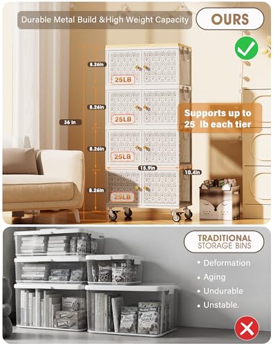 4 Tier Metal Storage Cabinet with wheels, Storage Bins with Magnetic Doors, Storage Cart for Living Room Wofufuza