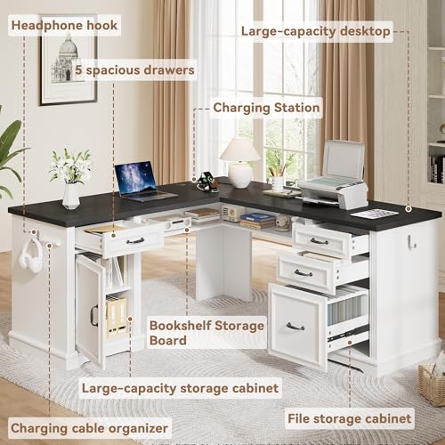 Farmhouse L Shaped Executive Desk with 4 Drawers, Home Office Desk with Hidden Under-Desk Storage Shelf and Charging Station, File Cabinet Storage, Wood Corner Computer Desk for Work(White+Black) Jocoevol