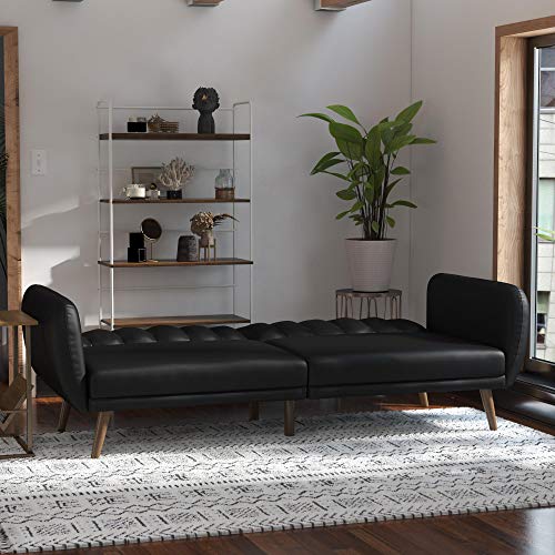 Novogratz Brittany 82 Inch Futon Sofa Bed in Faux Leather, Upholstered Couch Sleeper with Tufted Back, Mid-Century Modern, Black Novogratz