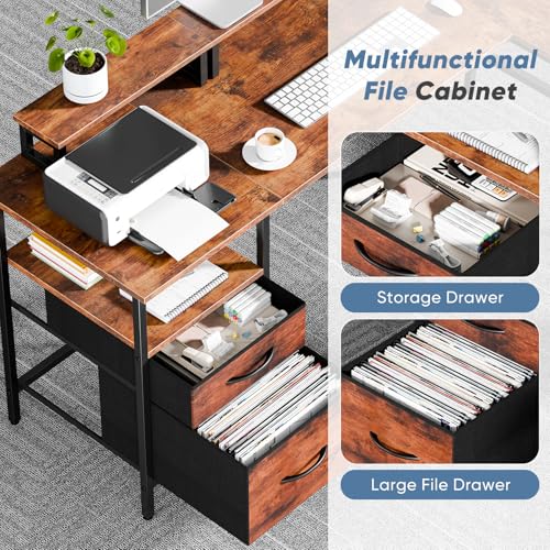 DUMOS 62 Inch L Shaped Gaming Desk with Charging Station & 2 Monitor Stands, Computer Desk with Drawer & Adjustable Storage Shelves, Large Corner Desk for Home Office, Rust Brown DUMOS