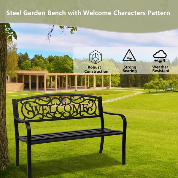 50" Outdoor Metal Welcome Bench, Garden Bench with Slatted Seat, Patio Bench for Park, Porch, Yard, Entryway, Black Generic