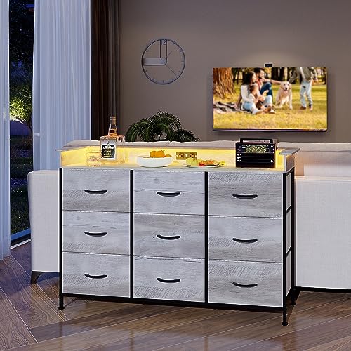EXOTICA Dresser with Charge Station 9 Drawers Dresser for Bedroom with LED Lights Tall Wide Fabric Dressers & Chests of Drawers for Closet Hallway Entryway Sturdy Steel Frame Wood Top EXOTICA