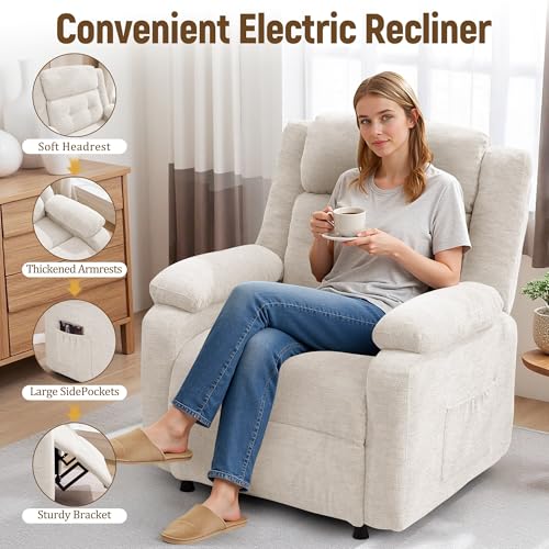 Korser Power Recliner Chair, Living Room Chairs for Adults, Oversized Electric Recliner with Side Pockets, Chenille Fabric Reclining Chair for Living Room, Bedroom