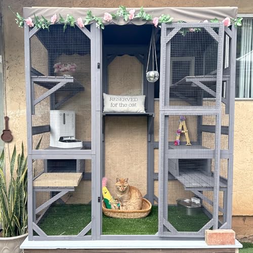 GUTINNEEN Catio Outdoor Cat Enclosure 70" Large Wooden Cat House Walk-in Cat Cage Kitty Shlter Playpen with 7 Platforms, 2 Resting Boxes, Waterproof Cover for 2-6 Cats (Grey) GUTINNEEN
