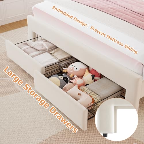 Queen Upholstered LED Bed Frame with 2 Storage Drawers and Adjustable Chic Double Wavy Headboard, Velvet Princess Platform Bed with Charing Station, Solid Wood Slats Support,No Box Spring Needed,Beige Jocoevol