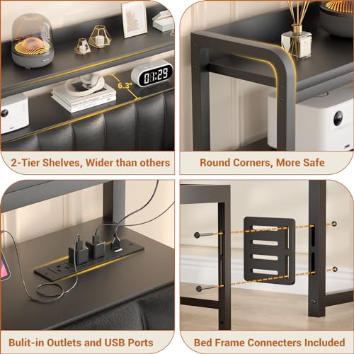 Aheaplus King Size Upholstered Headboard with USB Ports, Outlets, LED Lights, and Storage - Black Leather, Height Adjustable Aheaplus