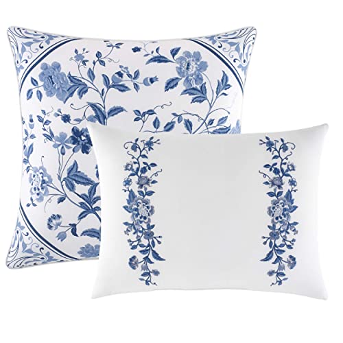Laura Ashley - King Comforter Set, Reversible Cotton Bedding, Includes Matching Shams with Bonus Euro Shams & Throw Pills (Elise Blue, King) Laura Ashley
